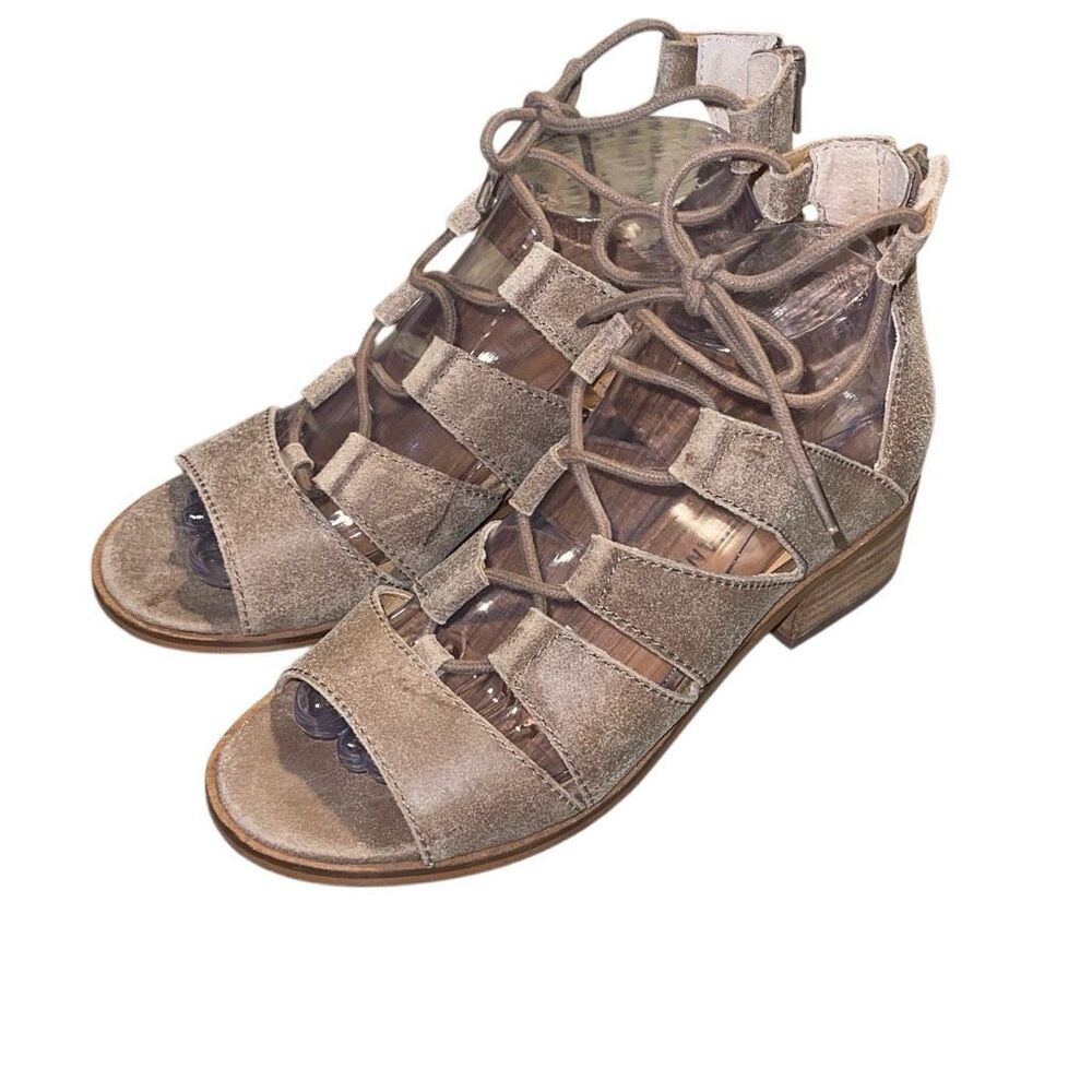 Lucky Brand Tazu Sandal Women's Fisherman Lace Up Zip Back Tan Size 7.5‎